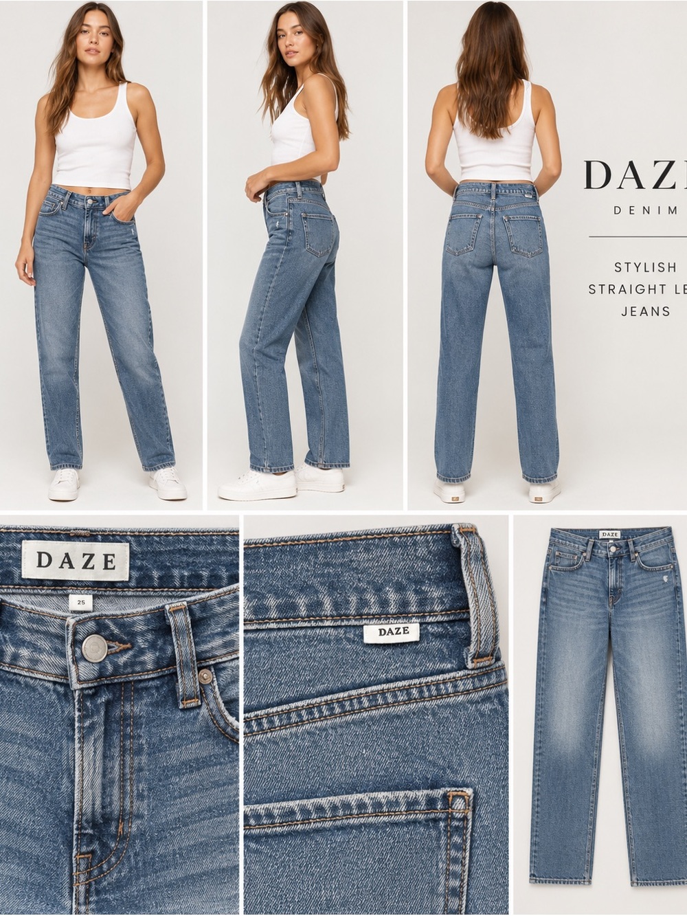DAZE High Rise Straight Leg Jeans Medium Wash Distressed Denim Size 25 NWOT